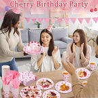 400 Pcs Cherry Birthday Party Decorations for 50 Guests, Red Pink Cherry Bow Scalloped Paper Plates Napkins Cups Cutlery for Pink Bow Coquette Baby Shower Bridal Shower Party Supply - Image 4
