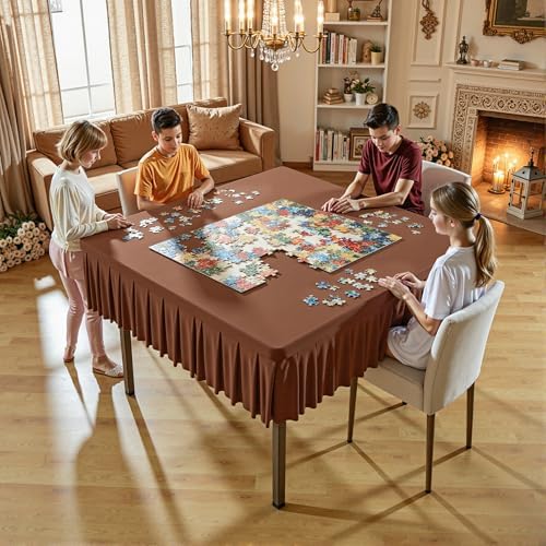 Wish Care Brown Spandex Tablecloths for 48x48 Inch Square Tables, Stretch Fitted Table Clothes with Pleated Ruffle Skirt for 48” Table, Wrinkle Free and Elastic, for Party Kitchen Home Dining - Image 2