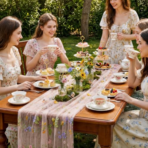 Pink Floral Table Runner 10ft Embroidery Tulle Spring Wildflower Gauze Table Runner Seasonal Summer Butterfly Kitchen Dining Decoration for Wedding Baby Shower Birthday Party (6 Pcs) - Image 4