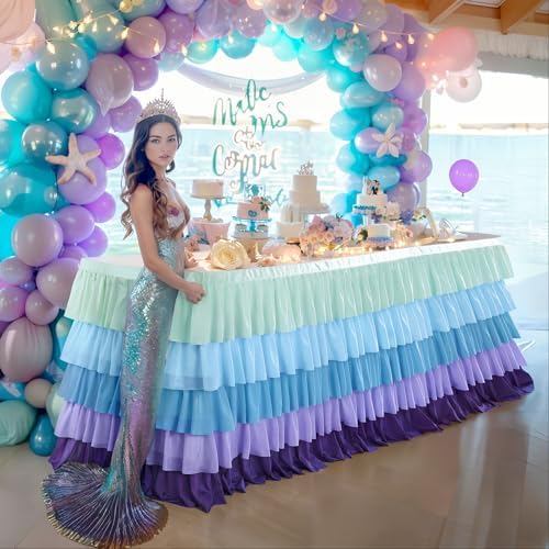 14ft Mermaid Tutu Tulle Table Skirt for Rectangle and Round Tables - Blue Purple Chiffon Decorations for Birthday Party, Baby Shower - Ruffle Skirting - Image 3