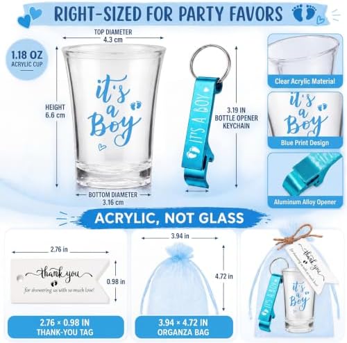 50 Sets Baby Shower Favors Shot Glasses Keychain Gifts, Gender, Blue - Image 2