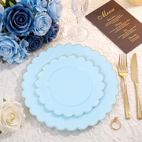 LIYH 120 Pcs Heavy Duty Baby Blue Scalloped Plastic Plates with Gold Rim - Image 2