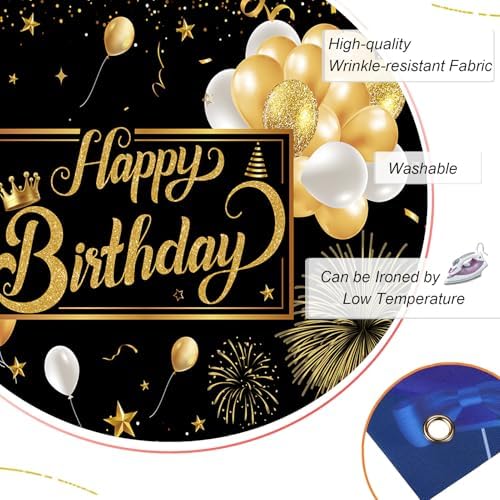 Black and Gold Happy Birthday Party Decoration Backdrop - 10x8ft Golden Balloons Glitter Birthday Backdrop for Women Men Photo Background Banner Extra Large Wall Decor - Image 4