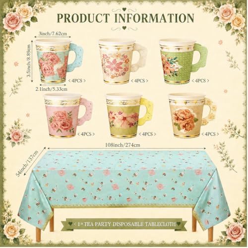 Yungyan 97 Pcs 24 Set Floral Tea Party Supplies, Tea Party Plates and Napkins Set with Tablecloth, Disposable Handle Teacups and Saucers for Birthday Wedding Bridal Shower Decorations(Classic Style) - Image 3