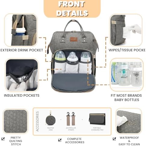 ROSEGIN Baby Diaper Bag Backpack with Changing Pad, Pacifier Case, for Boy Girl Toddler - Large, Stylish, Waterproof Travel Quilted Diaper Bag for Mom - Baby Shower Gifts - Grey - Image 3
