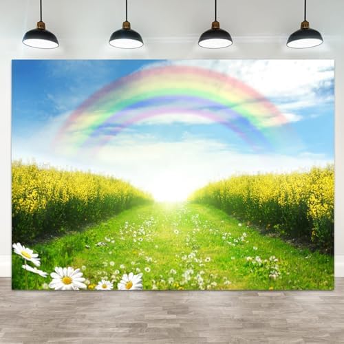 15x8ft Spring Backdrop Rainbow Cauliflower Field Photography Background Floral Green Grass Blue Sky Nature Scenery Kids Birthday Banner Decorations Baby Shower Portrait Photo Booth Prop by ASDCXZ