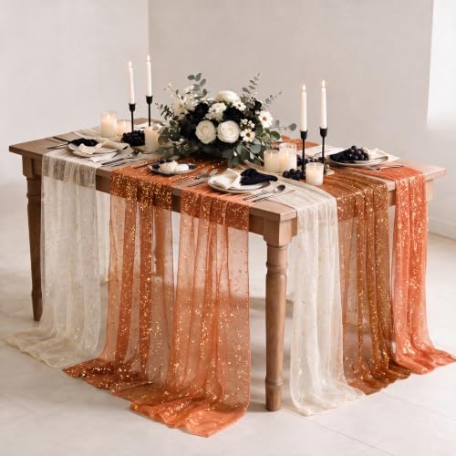 Artoid Mode 6PC Beige Caramel Orange Gauze Table Runner 120 Inch 10FT, Glitter Metallic Foil Sheer for Wedding Anniversary Holiday Birthday Home Party Decor by ArtoidMode