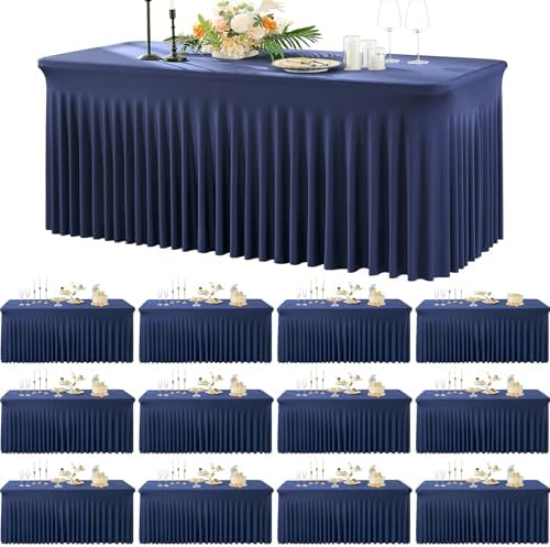 12 Pack Navy Blue Spandex Tablecloth for 6 Foot Rectangle Tables, Wrinkle Free Fitted Table Cloth Cover 6ft Blue Stretchy Tablecloths with Skirt for Parties Weddings Birthday Banquet Baby Shower by Htper