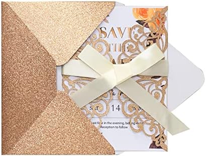 50Pcs Laser Cut Wedding Invitation With Glitter Envelopes And Ribbons Blank Personalized Card Invitaciones Para quinceañera Birthday Baby Shower Christmas Party Bridal Shower (Rose Gold) - Image 4