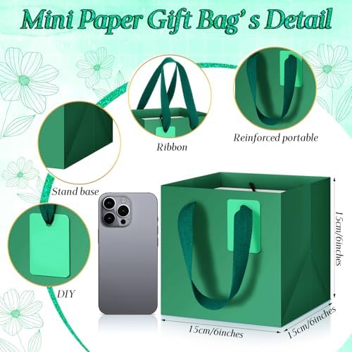 Windyun 50 Pcs Mini Paper Gift Bags with Handle 6 x 6 x 6'' Square Small Favor Bag with DIY Thank You Tag for Christmas Birthday Wedding Bridal Shower Bridesmaid Graduation Party (Green) - Image 2