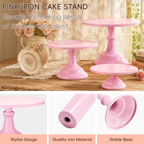 3 PCS Pink Round Cake Stand Set, Multi Size Metal Cupcake Holders Stand for Birthday Wedding Banquets, Pastry Display Holders for Holiday Party Dessert Display Table Decor (8"/10"/12" Plate) - Image 5