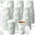 Funnymoom 100 Pieces Sage Green Floral Disposable Paper Cups with 120 Lids 12 oz Coffee Sage Green Herb Beverage Coffee Cups for Spring Wedding Baby Bridal Shower Tea Party Baby Shower by Funnymoom