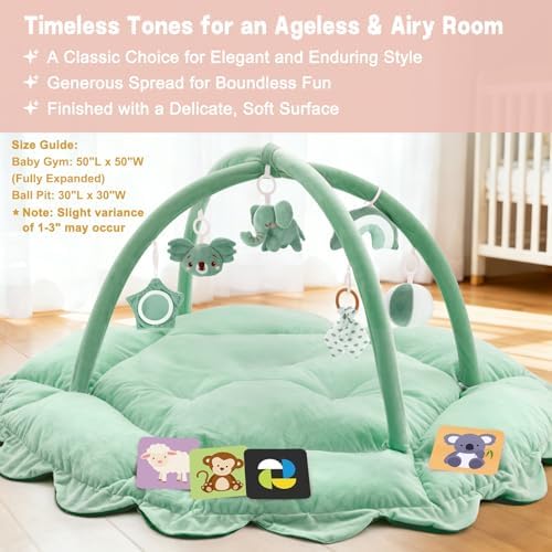 5-in-1 Baby Activity Gym & Play Mat with 6 Hanging Toys, Tummy Time Mat & Cards - Extra Large, Reversible Machine Washable Pad - Gift for Newborns, Infants 0-12 Months, Sage Green - Image 5