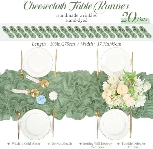 Teruntrue 20 Pack Sage Green Cheesecloth Table Runner 17x108 Inch, Boho Gauze Sheer Fabric Cheese Cloth Table Runners for Wedding Party Bridal Shower Baby Shower Birthday Home Decor Garden Farmhouse - Image 2