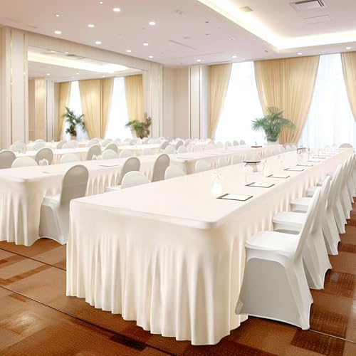 Wish Care 8 Pack Ivory Spandex Table Clothes for 6 Foot Rectangle Tables, 6FT Wrinkle Free Fitted Tablecloths Ruffles Design Table Cloth for Party, Banquet, Wedding and Events - Image 3
