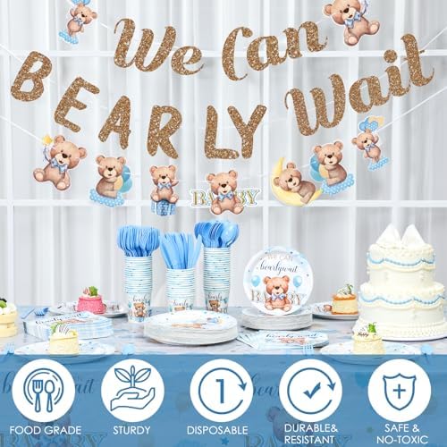 405 Pcs Blue Bear Baby Shower Decorations for Boy, Serves 50 - Image 2