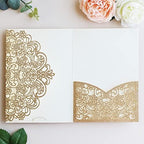 Hosmsua 50PCS Personalized Gold Glitter Laser Cut Flora Invitation Pocket, 5.12 x 7.2 Laser Cut Wedding Invitation Pockets with Envelopes for Wedding Bridal Shower Engagement Invite by Hosmsua