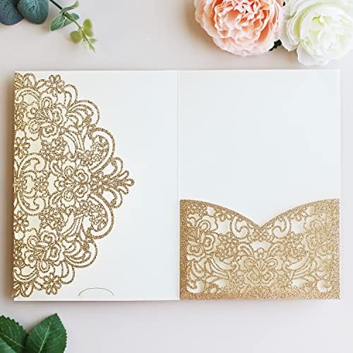 Hosmsua 50PCS Personalized Gold Glitter Laser Cut Flora Invitation Pocket, 5.12 x 7.2 Laser Cut Wedding Invitation Pockets with Envelopes for Wedding Bridal Shower Engagement Invite by Hosmsua