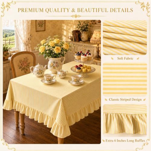 Striped Ruffled Tablecloth 60x120 Inch Cotton Polyester Striped Tablecloth Rectangular Fits 8-10 Seater Table Farmhouse Vintage Table Cover for Home Kitchen Baby Shower Birthday Party Picnic (Yellow) - Image 3