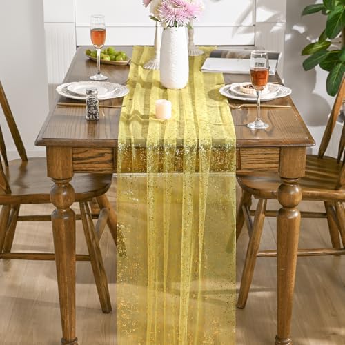 Artoid Mode 6PCS Light Yellow Gold Gauze Table Runner 120 Inch 10FT, Glitter Metallic Foil Sheer Dining Wedding Anniversary Holiday Birthday Table Decor for Home Party - Image 2