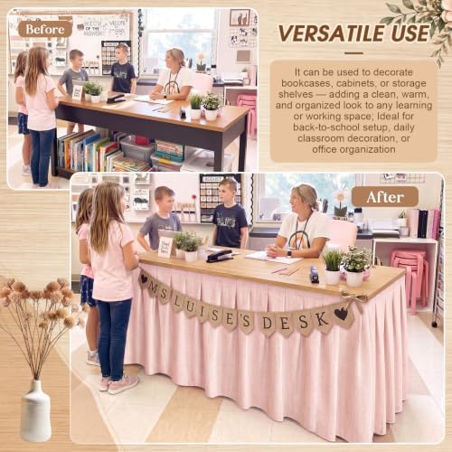 Tingjoo Pastel Pink 9 ft X 30'' Teacher Desk Skirts Linen Textured Desk Tablecloth Skirts Pleated Office Decor Back to School Supplies for Classroom School Office Rectangular Round Table Cover - Image 5
