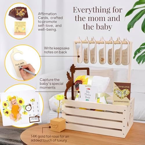 New Mom Gift Basket, Wooden Keepsake Crate with Milestone Blanket, Rattan Crossbody, Lavender Candle & Affirmation Cards, Includes ALLTHELOVE-in-a-App - Image 2