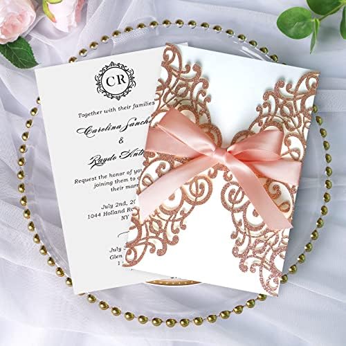 ponatia 25PCS 5.12 x 7.1 '' Rose Gold Glitter Laser Cut Wedding Invitations Cards with Envelopes for 5x7 Invitation Cards Wedding Baby Bridal Shower Engagement Sweet 16 Birthday Invite - Image 2