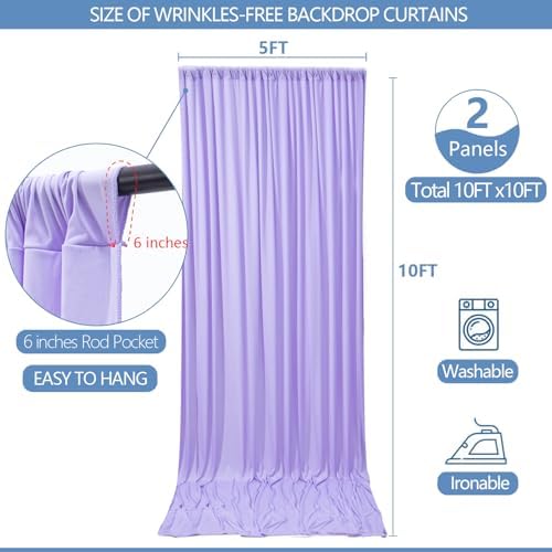 10x10ft Wrinkle Free Lavender Backdrop Curtain for Parties Soft Fabric Drapes Wedding Curtain Backdrop for Birthday Party Decorations Background for Photography 5x10ft,2 Panels - Image 3