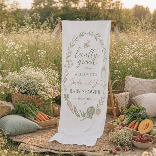 Locally Grown Green Botanical Baby Shower Satin Fabric Welcome Banner by Custom
