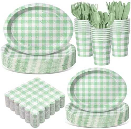 Pajean 350 Pcs Gingham Paper Plates and Napkins, Green White by Pajean