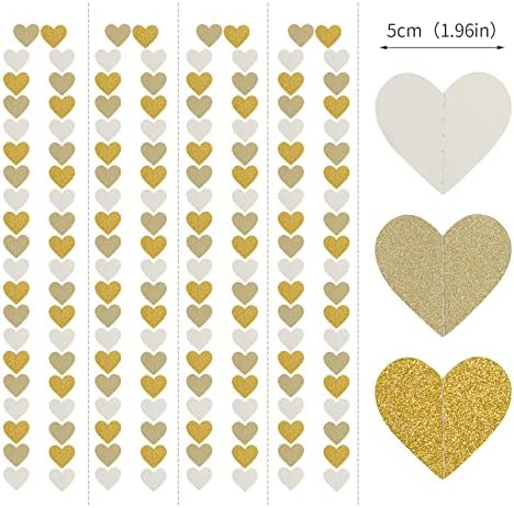 52Ft White-Gold Champagne Party-Decorations Heart Streamers Garland with 14pcs Christmas Wedding Engagement Paper Lanterns Fan,Tissue Pom Poms,Honeycomb Balls - Image 2