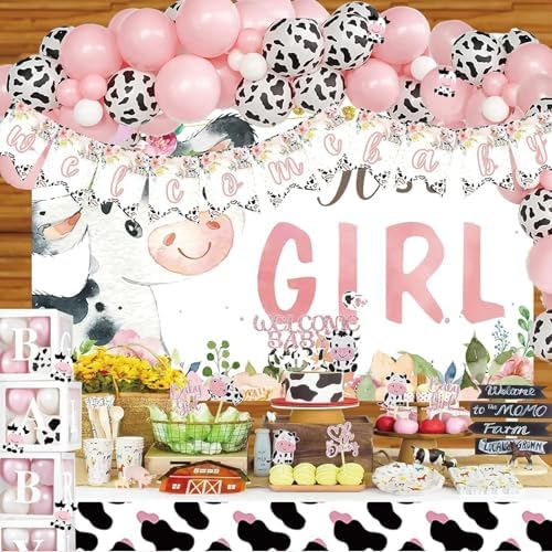 Cow Baby Shower Decorations for Girl, Fiesec Pink Farm Cow Themed Baby Shower Decorations Backdrop Balloon Garland Welcome Baby Banner Tablecloth Cake Topper Box Cutout Mom To Be Sash - Image 6