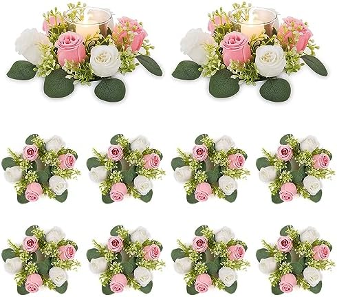 NUPTIO Flower Wreath for Table Centerpieces: 9.05 Inch Small Pink & White Candle Rings 10 Pcs for Wedding Party Christmas Decorations - Rose Wreaths for Spring Summer Front Door Porch Decor by Nuptio