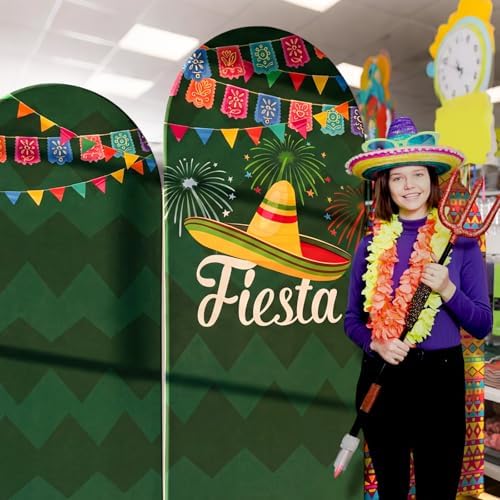Chunful 3 Pcs Cinco de Mayo Fiesta Party Arch Backdrop Cover Mexican Photo Background Decor 2-Sided Round Top Mexican Cute Backdrop Arch Cover for Fiesta Party Decoration 6 ft/5 ft/4 ft (Green) - Image 2