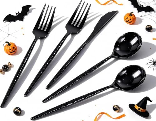 WILLIFE 300 Pcs Black Plastic Silverware, Plastic Silverware for Party by WELLIFE