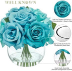 WELL KNOWN Artificial Rose Flowers with Glass Vase, Teal Blue Flower Decor - Image 3