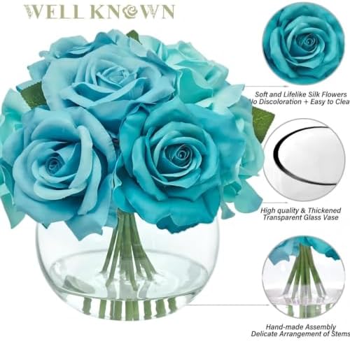 WELL KNOWN Artificial Rose Flowers with Glass Vase, Teal Blue Flower Decor - Image 3
