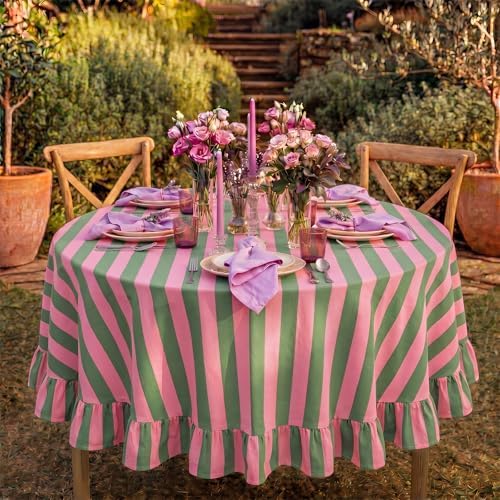 Tudomro Striped Tablecloth, Round, Pink, Grass Green, 60'' X 60'' - Image 7