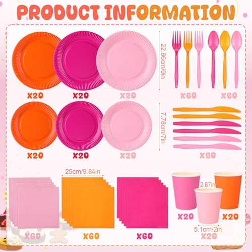 Ziliny 420 Pcs Orange and Pink Paper Plates and Napkins 9 oz Paper Cups Forks Knives Spoons Disposable Tableware for Summer Tropical Theme Birthday Party Supplies, Serves 60 - Image 2