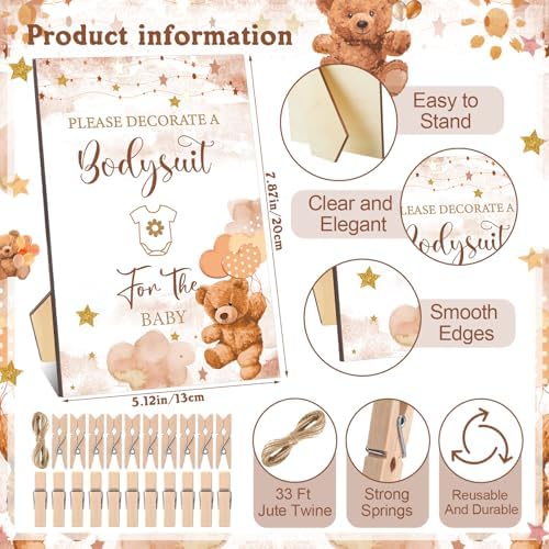 Panitay 126 Pcs Baby Shower DIY Bodysuit Set Bib 25 Blank White Newborn Bodysuit 25 Stencils 24 Marker 1 Sign 50 Pins(Bear) - Image 3
