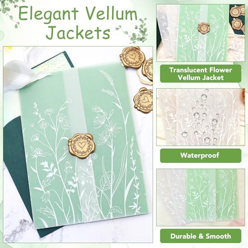SWANGSA 100 Sets Wedding Invitations Wraps, Vellum Jackets for 5x7 Invitations & Self Adhesive Antique Gold Heart Wax Seal Stickers for Wedding Bridal Baby Shower Birthday Envelopes (White Wildflower) - Image 3