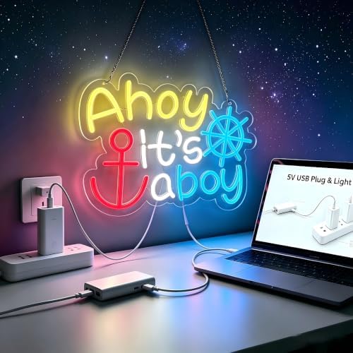 Ahoy It's A Boy Neon Sign with Anchor & Ship Wheel Design, USB LED Wall Light, Nautical Baby Shower Decor for Gender Reveal, Nursery and Party Wall Art - Image 2
