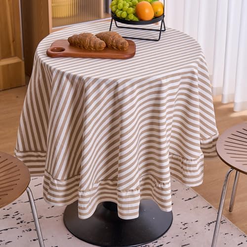 vctops Farmhouse Khaki Stripe Ruffle Table Cloth, Boho Cotton Linen Tablecloth, Washable Table Cover for Round Table Baby Shower Kitchen Party Wedding Decor (Khaki B,70") - Image 2