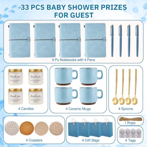 Baby Shower Prizes for Game Winners Baby Shower Games Prizes Ceramic Mugs with Metal Spoons Woven Coasters Notebooks Scented Candles Gift Bags Wedding Bridal Shower Favors for Guests (4, Blue) - Image 4