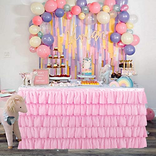 Jeloris Mermaid Tulle Table Skirt for Rectangle or Round Table Tutu Chiffon Tablecloth for Birthday, Baby Shower, Wedding, Party Decoration (Pink, L 9ft, H 30in) - Image 3
