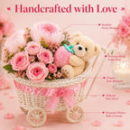 ZOCONE 3 Pack Wicker Baby Carriage Centerpiece with Strawberry Bear, Artificial Rose & Peony Flower Bouquet, Baby Shower Centerpieces for Tables, Gender Reveal, Wedding, Birthday Party Decor - Image 4