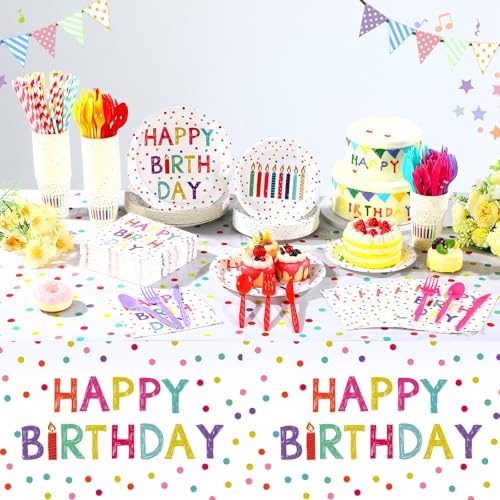 Funnymoom 452 Pcs Happy Birthday Party Decorations Supplies for 50 Guests Birthday Polka Dots Paper Plates Napkins Cups Tablecloth Cutlery for Girls Boys - Image 5