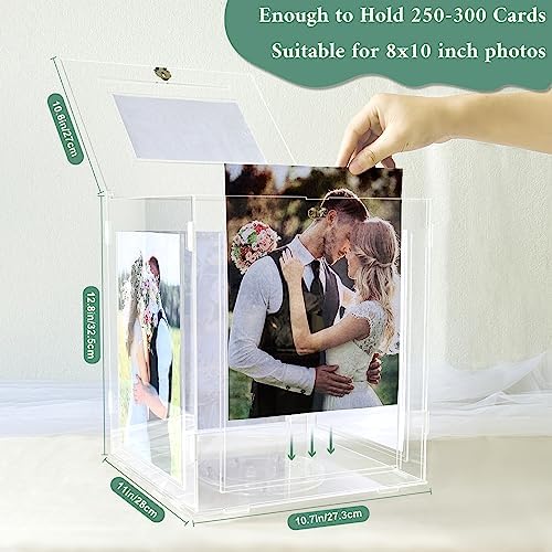 Acrylic Wedding Card Box with Picture Frame, Clear Gift Card Box for Wedding Reception, Large Rotatable Money Envelope Card Box Holder with Lock for Graduation Party Birthday Baby Shower - Image 3