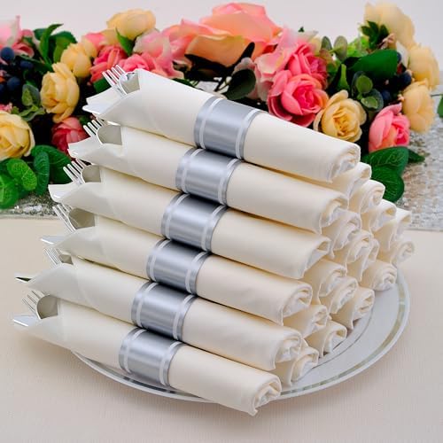 100 Pack Pre Rolled Silver Plastic Silverware Set with Napkins,Disposable Wrapped Heavy Duty Cutlery Set for Wedding Birthday Party-100 Forks,Knives,Spoon,Utensils Set,Plasticware Bulk - Image 6
