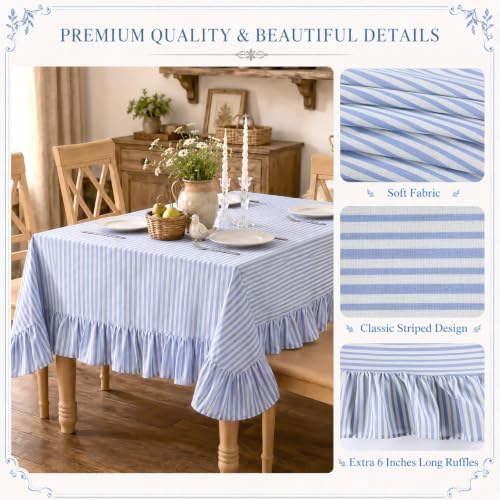 Striped Ruffled Tablecloth 60x120 Inch Cotton Polyester Striped Tablecloth Rectangular Fits 8-10 Seater Table Farmhouse Vintage Table Cover for Home Kitchen Baby Shower Birthday Party Picnic (Blue) - Image 3